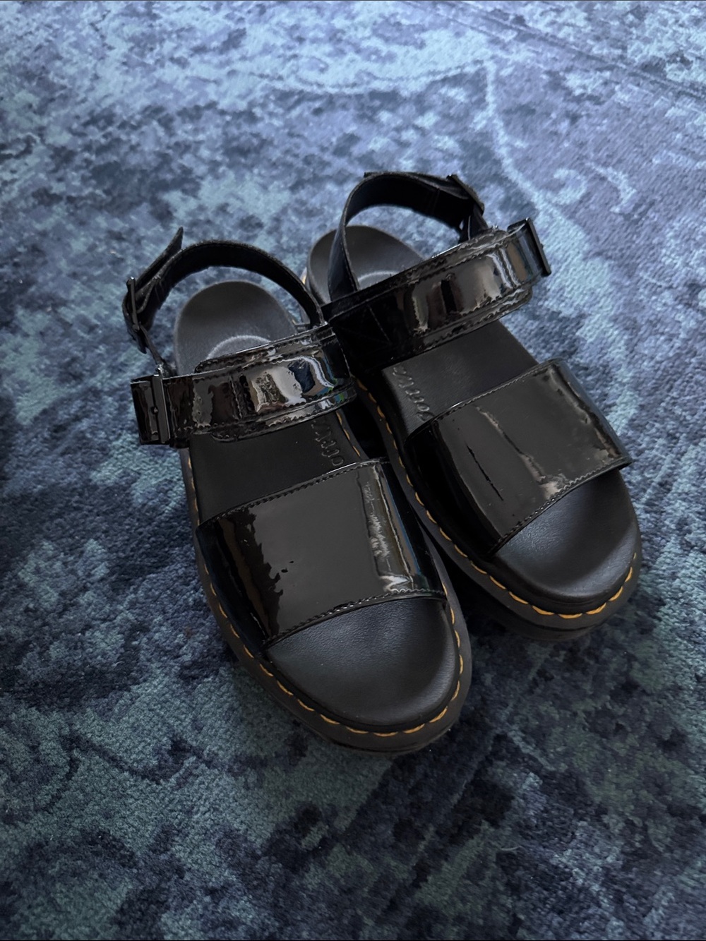 Dr. Martens Black Patent Platform Sandals with Yellow Stitching